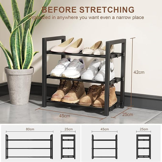 3-Tier Expandable Shoe Rack,Adjustable Shoe Shelf Storage Organizer Heavy Duty Metal Free Standing Shoe Rack for Entryway Closet Doorway (Black)