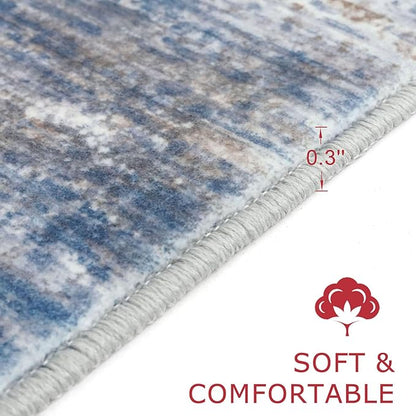 KOZYFLY Modern Abstract Washable Rug Runner 2.6x16 Hallway Rug Runner Non-Slip Soft Kitchen Runner Rugs, Blue Rust Striped Carpet for Entryway Bathroom Laundry Room Foyer