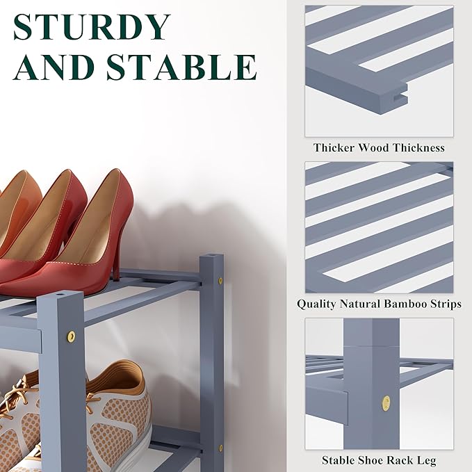 Smiry Bamboo Shoe Rack for Closet, 2 Tier Small Wooden Stackable Shoe Organizer, Free Standing Shoes Storage Shelf for Entryway, Front Door Entrance, Grey