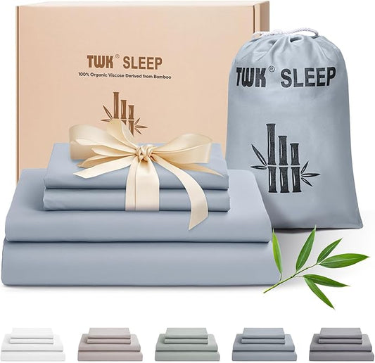 TWK Luxury Sheet Set, Genuine 100% Organic Viscose Derived from Bamboo, Cooling & Breathable, Silky Soft, Bedding Sheets & Pillowcases (Sterling Blue, Full)