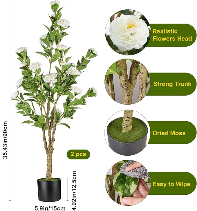 Artificial Tree 2pack, White Silk Camellia Flowers Faux Plant for Indoor Outdoor Home Decor, Realistic Potted Greenery for Office Porch Living Room-3FT