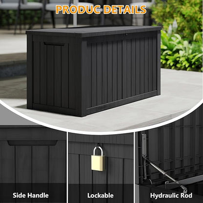 200 Gallon Outdoor Storage Box Waterproof, Resin Deck Boxes with Lockable Lid & UV-Resistant for Patio, Pool, Garden Furniture Cushions & Accessories, Black
