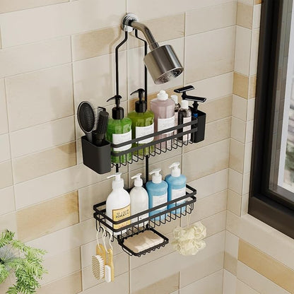 Shower Caddy Hanging for Bathroom Organizers and Storage, Adjustable Anti-Swing Shower Organizer for Wall-Mounted Showerhead with Heavy-Duty Suction Cups, Damage-Free Rustproof (Black)