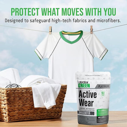 Rockin’ Green Active Wear Laundry Detergent - Unscented Laundry Detergent Powder & Odor Eliminator - Workout Clothes & Sportswear - Safe for Sensitive Skin - 90 Loads