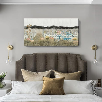 Large Wall Art for Living Room Farmhouse Wall Decor, Modern Boho Vintage Organnic Country Rustic Cottagecore Neutral Landscape Artwork with Mountains Bicycle Flower, Floral Picture Bedroom Kitchen