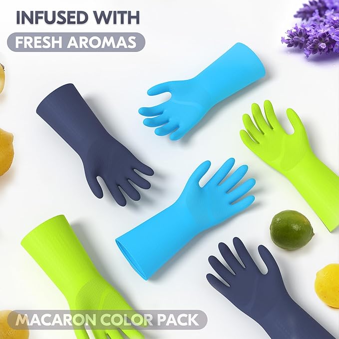 Vgo... 3 Pairs Household Cleaning Gloves Infused with Fresh Aromas, Long Sleeves Kitchen Gloves, Bathroom & Kitchen Cleaning, Gardening & Pet Care (3 Colors, L, TP1117)