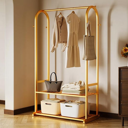 heavy duty clothes rack,gold clothing rack with bottom shelves and 6 side hooks,Metal garment rack for hanging clothes for Bedroom