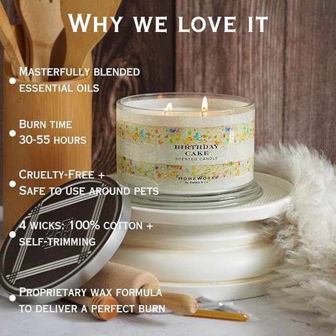 HomeWorx by SLATKIN + CO. Candle- Birthday Cake, 18 oz. Premium Scented Candle - 30-55 Hours Burn Time