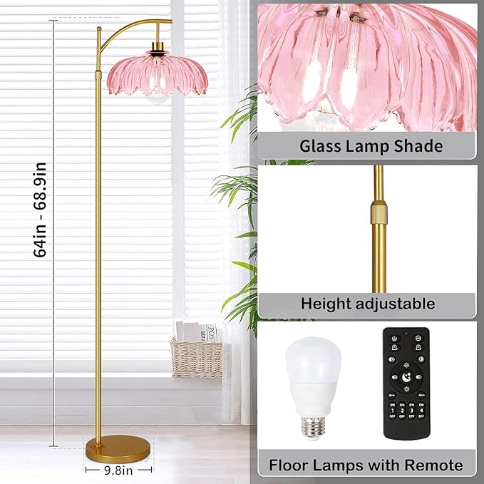 Floor Lamp for Living Room,Bedroom,Gold Dimmable Standing Lamp with Remote,Mid Century Modern Brass Tall Lamp Retro Vintage Pink Glass Lamp Floor Light Boho Bohemian
