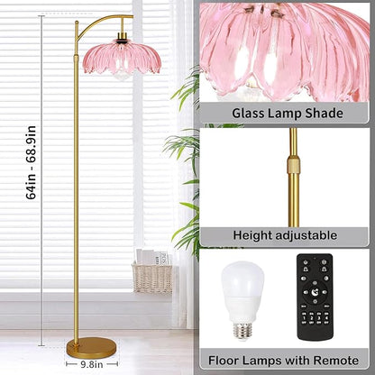 Floor Lamp for Living Room,Bedroom,Gold Dimmable Standing Lamp with Remote,Mid Century Modern Brass Tall Lamp Retro Vintage Pink Glass Lamp Floor Light Boho Bohemian