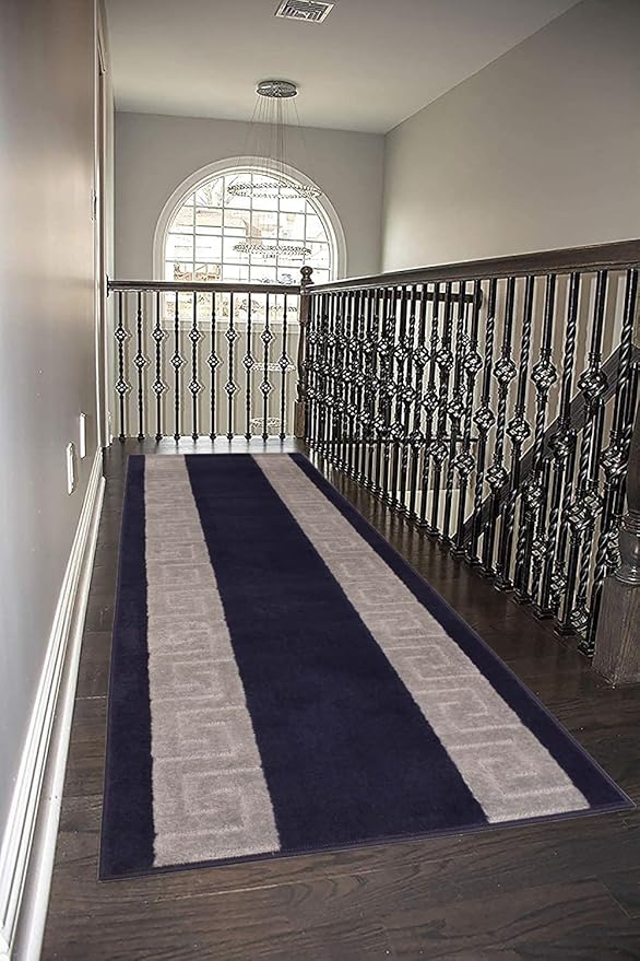 Washable Custom Size Runner Rug Meander Design Navy Blue and Grey, (4 Feet Length x 26 Inch Width) Custom Cut Slip Resistant Rubber Backing Runner Rugs, Extra Long Runner Rugs for Hallways