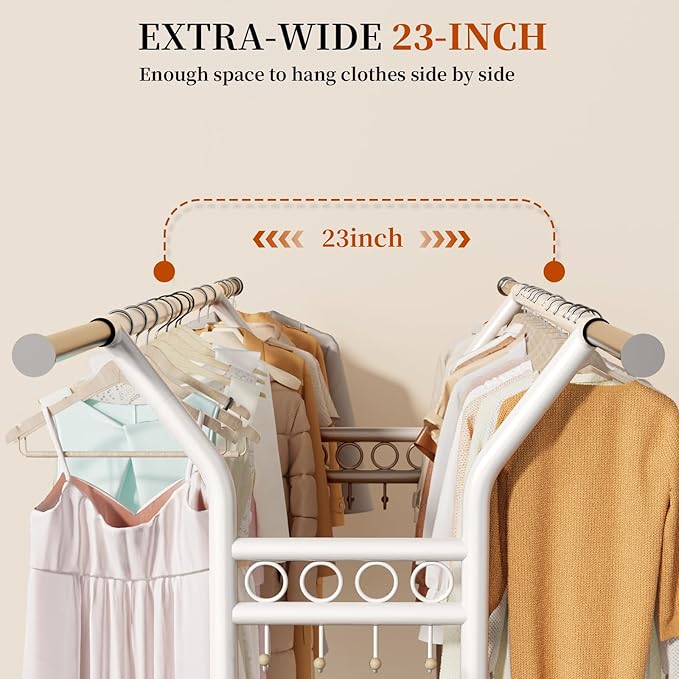 Heavy Duty Clothes Rack - Double Rod Clothing Racks with Wheels, Portable & Adjustable Garment Rack for Hanging Clothes, Rolling Clothes Rack Load 670LBS for Bedrooms, Laundry, Closet (White)