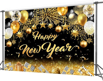 CYLYH 10X8FT 2026 New Year Backdrop Black and Gold Background New Year Holiday Party Banner Backdrop Christmas Party Decorations Banner