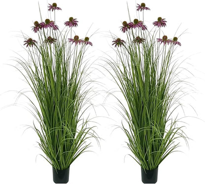 46" UV Resistant Artificial Grass Plant with 9 Realistic Purple Echinacea Flowers - Indoor/Outdoor Fake Plants for Patio, Living Room, Porch Decor - All Weather Faux Floor Plant 2-Pack