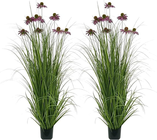 46" UV Resistant Artificial Grass Plant with 9 Realistic Purple Echinacea Flowers - Indoor/Outdoor Fake Plants for Patio, Living Room, Porch Decor - All Weather Faux Floor Plant 2-Pack