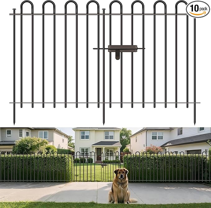 10 Panels Decorative Garden Fence with Gate, 40in(H)×21.6ft(L) Animal Barrier Fence, Metal Round Tube Garden Edging Border, Reusable Ground Defense Temporary Fencing for Outdoor Yard Flower Bed, Black