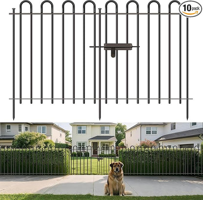 10 Panels Decorative Garden Fence with Gate, 40in(H)×21.6ft(L) Animal Barrier Fence, Metal Round Tube Garden Edging Border, Reusable Ground Defense Temporary Fencing for Outdoor Yard Flower Bed, Black