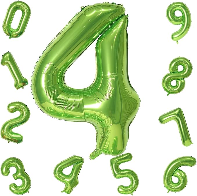 Green 4 Balloons, 40 Inch Large Foil Number Balloons Set 0-9, Self Inflate Digital 4 Helium Balloon for Boys Girls Men Women Jungle Birthday Anniversary Party Decorations Photo Shoot Supplies
