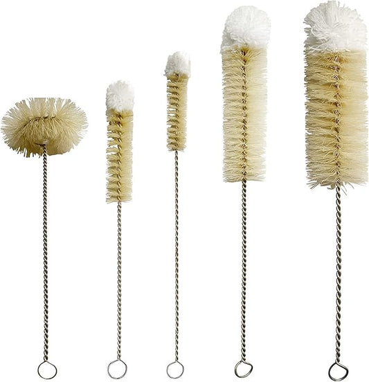 NewFerU Stainless Steel Soda Bottle Cleaning Brush Set in Natural Boar Bristle Wool Tip Long Handle, Flexible Bendable Thick Wire Cleaner for Narrow Neck Water Baby Bottles Straw Pipe Tube Flask (5)