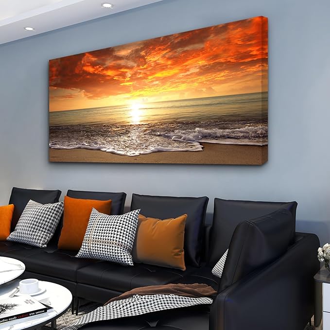 Baisuart-S0162 Canvas Prints Wall Art Sunset Ocean Beach Pictures Photo Paintings for Living Room Bedroom Home Decorations Modern Stretched and Framed Seascape Waves Landscape Giclee Artwork