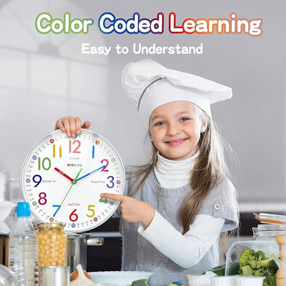 Telling Time Teaching Clock - Learning Clock for Kids - Kids Wall Clocks for Bedrooms - Kids Wall Clock- Silent Analog Kids Clock for Teaching Time,for School Classrooms Playrooms and Kids Bedrooms