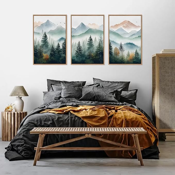 HLNIUC Misty Mountain Forest Framed Wall Art Set,Green Fog Pine Tree Wall Decor,Natural Foggy Forest Scenic Canvas Wall Painting,Fog forest Landscape Art Print for Living Room,Bedroom,Office - 16”x24”x3