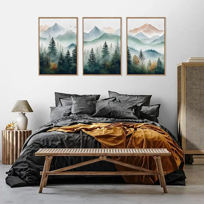 HLNIUC Misty Mountain Forest Framed Wall Art Set,Green Fog Pine Tree Wall Decor,Natural Foggy Forest Scenic Canvas Wall Painting,Fog forest Landscape Art Print for Living Room,Bedroom,Office - 16”x24”x3