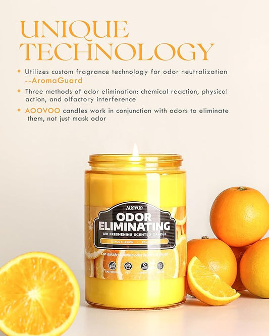 AOOVOO Citrus Lemon Odor Eliminating Highly Fragranced Candle - Eliminates 95% of Pet, Smoke, Food, and Other Smells Quickly, Air Freshing Soy Candle, 22 oz Up to 110 Hours Burn time
