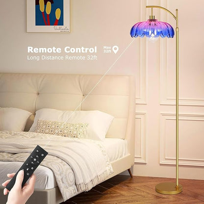 Floor Lamp for Living Room,Bedroom,Gold Dimmable Standing Lamp with Remote,Mid Century Modern Brass Tall Lamp Retro Vintage Glass Lamp Floor Light Boho Bohemian