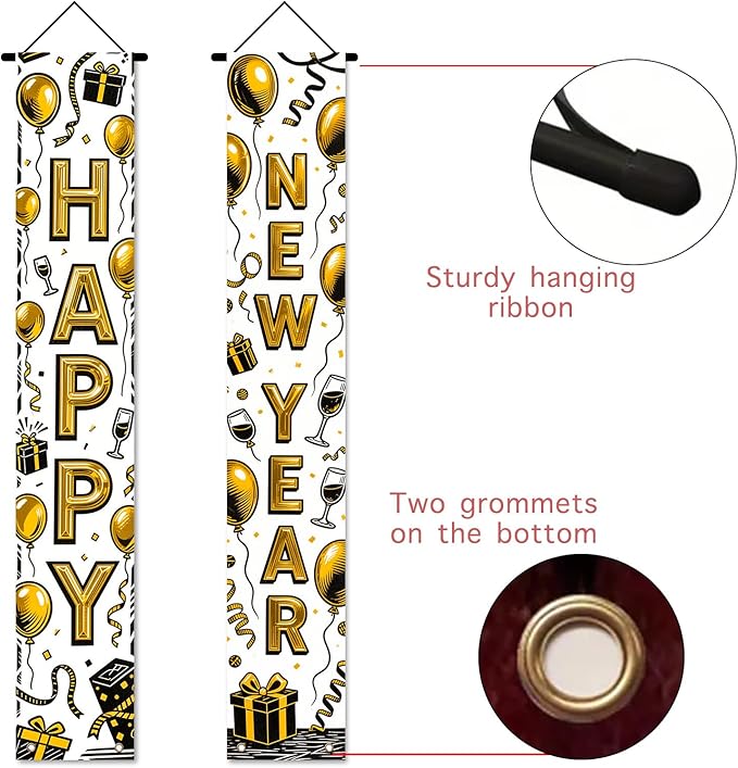 Nuxovilar Happy New Year Banner, 70.86" x 11.81" Black Gold Champagne Glass Hanging Decorations for Outdoor Indoor Home Wall