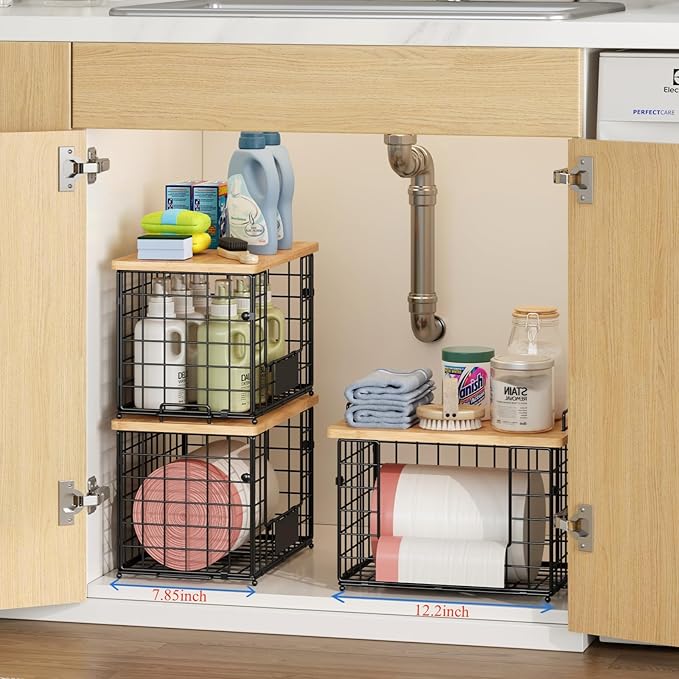 keomaisyto 2 Set XL Stackable Wire Baskets with Bamboo Top- Pantry Organizers and Storage, Kitchen Organization Counter Storage Bins for Potato/Onion/Fruit/Vegetable/Produce, Under Sink Organizing