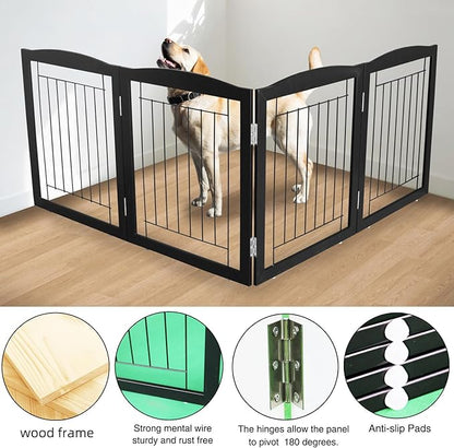 ZJSF Freestanding Foldable Dog Gate for House Extra Wide Wooden Black Indoor Puppy Gate Stairs Dog Gates Doorways Tall Pet Gate 4 Panels Fence