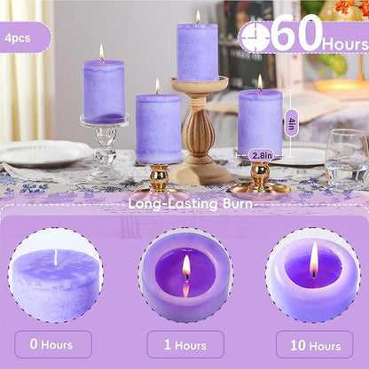 4 Pcs Purple Lavender Scented Pillar Candles, 60 H Long Burning, Natural Essential Oils,2.8x4in Non-Toxic & Smokeless,Calming Aromatherapy for Bedroom Sleep Aid/Bath SPA/Office Stress Relief