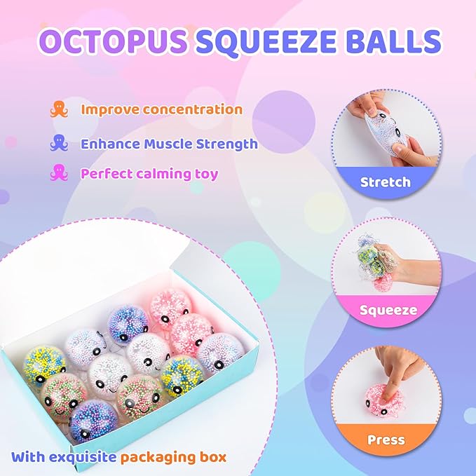 12 Pack Fidget Stress Balls for Adults, Cute Octopus Stress Relief Stress Ball, Bulk Squishy Squeeze Ball Set and Birthday Party Favors