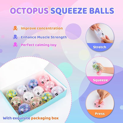 12 Pack Fidget Stress Balls for Adults, Cute Octopus Stress Relief Stress Ball, Bulk Squishy Squeeze Ball Set and Birthday Party Favors