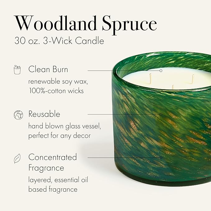 LAFCO New York Holiday 3-Wick Candle, Woodland Spruce - 30 oz - 120-Hour Burn Time - Reusable, Hand Blown Glass Vessel - Made in The USA