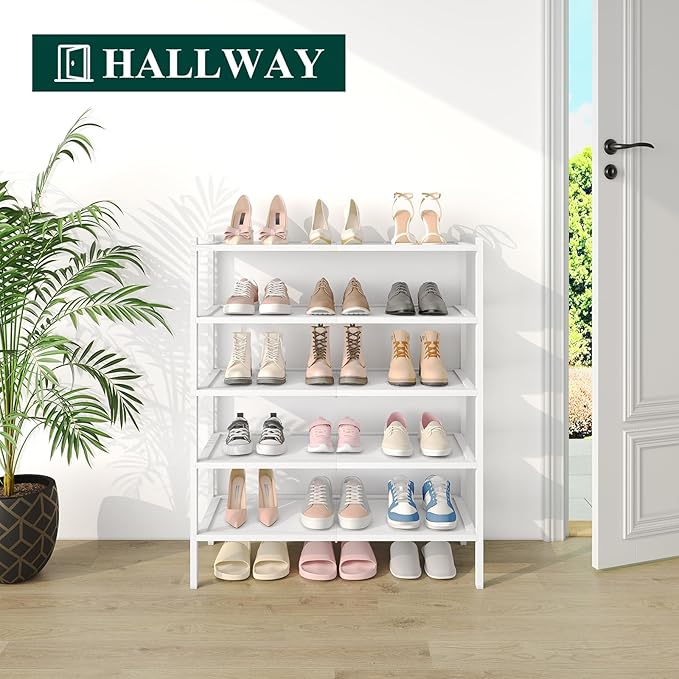 Smiry Bamboo Shoe Rack, 5 Tier Shoe Organizer for Entryway & Closet, Stackable Free Standing Storage Shelf for Shoes, Bags & Plants, White