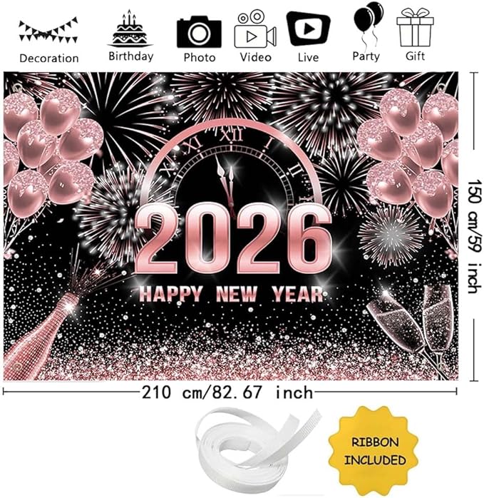 MEHOFOND 7x5ft Rose Gold 2026 Happy New Year Backdrop Cheers to 2026 New Year Eve Glitter Photography Background Hello 2026 Party Champagne Balloon Fireworks Decor Banner Cake Smash Photo Props