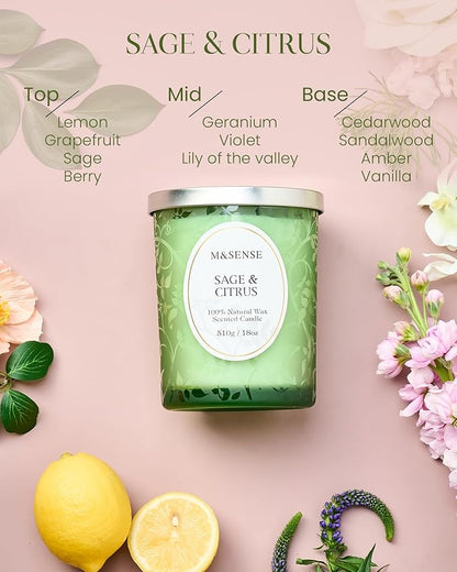 M&SENSE Sage Citrus Soy Candle, Cracking Wooden Wick 18oz 100 Hours Long Lasting Clean Burn, Large Jar Winter Aromatherapy Candle for Home Decor, Non-Toxic Relaxing Gifts for Women