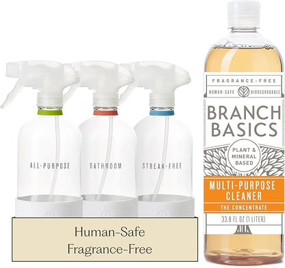 Branch Basics Cleaning Essentials Kit: All Purpose, Glass and Bathroom Cleaner - Concentrate (33.8 Oz) (24 Refills) + Refillable Glass Spray Bottles (16 Oz) Plant Based, Human-Safe, & Fragrance Free