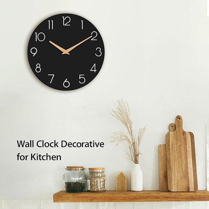 Wall Clock, 14 Inch Wooden Silent Non-Ticking, Decorative Battery Operated Wall Clocks for Bedroom, Kitchen, Home, Living Room, Office, School, Hotel (Black)