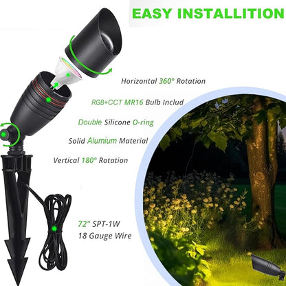 Low Voltage Outdoor Landscape Spotlights with RGB+CCT Color Changing,IP65 Waterproof Uplights for Garden and Yard,12V Warm&White Uplights,Heavy Duty Accent Fixtures,APP/Remote Control