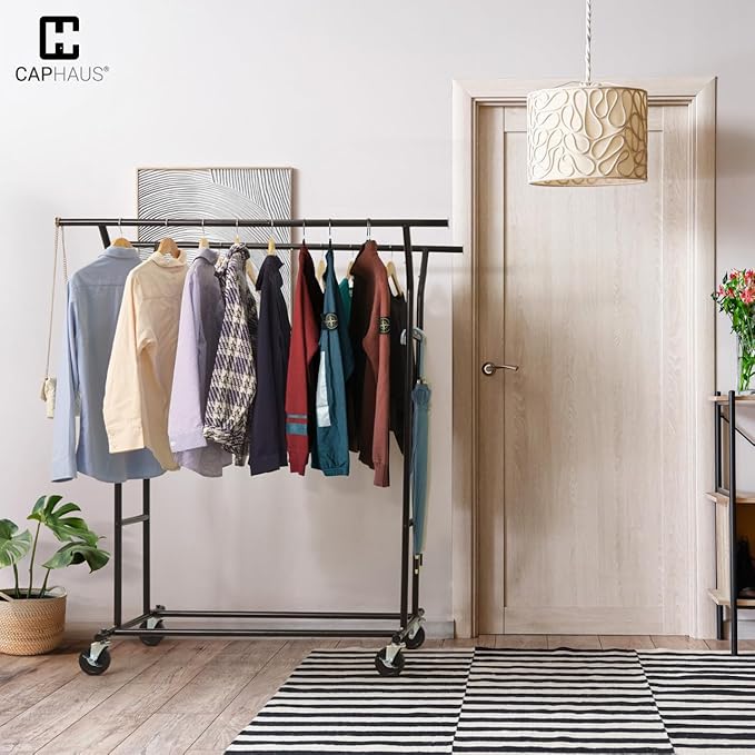 CAPHAUS Heavy Duty Clothes Rack with Double Rods, 440LBS Capacity Rolling Clothing Rack for Hanging Clothes, Adjustable Metal Wardrobe Rack, Garment Rack with Wheels and Extendable Rods, Black