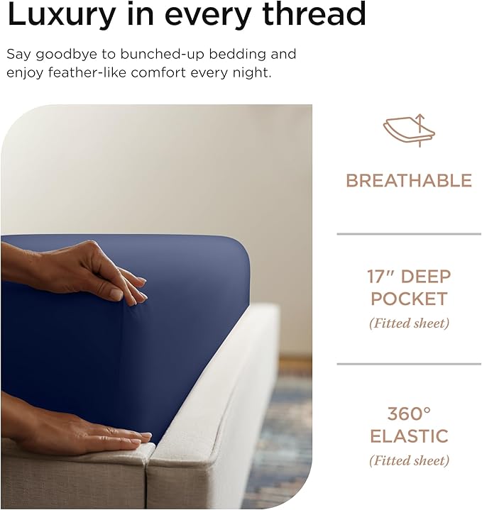 Threadmill Luxury Full Size Supima Cotton Sheets, 1200 Thread Count, 5-Star Hotel Quality 4 Piece Bed Sheets with Extra Deep Pocket, Folkstone Blue