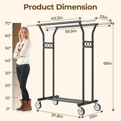 Clothing Racks for Hanging Clothes: Heavy Duty Rolling Garment Rack 600LBS Coat Rack with Wheels Shelves Portable Closet Wardrobe Adjustable Metal Sturdy Cloth Rack Hanger Storage Organizer Black