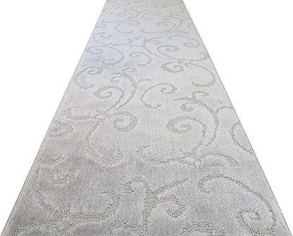 15 Ft Long Non-Slip Washable Carpet Runner Rug with Rubber Backing (26" X 15'), Custom Floor Mat for Kitchen Hallway Stairs Bedroom Bathroom Entry, Scroll Light Silver, Your Choice of Length