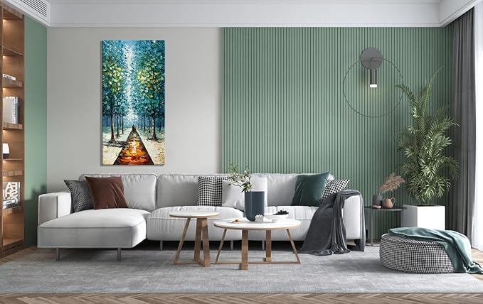 Alenoss Hand Painted 3D Abstract Oil Paintings on Canvas 24x48 Inches Large Modern Forest Landscape Vertical Blue Canvas Wall Art Framed Artwork for Living room Bedroom Tree Art Decor