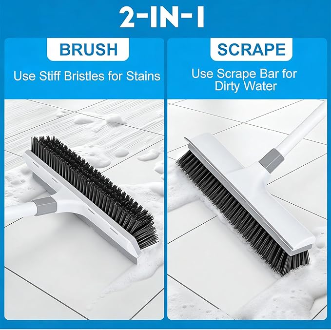Floor Scrub Brush with 60-Inch Handle Length Adjustable, 2-in-1 Push Broom with Squeegee, Floor Scrubber Broom Stiff Bristles for Cleaning Bathroom, Kitchen, Tile, Deck, Patio, Garage