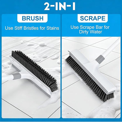 Floor Scrub Brush with 60-Inch Handle Length Adjustable, 2-in-1 Push Broom with Squeegee, Floor Scrubber Broom Stiff Bristles for Cleaning Bathroom, Kitchen, Tile, Deck, Patio, Garage
