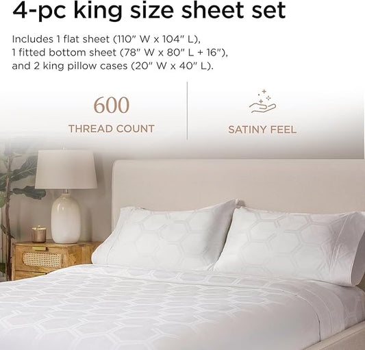 Threadmill 100% Cotton Sheets for King Size Bed - 600 Thread Count King Bed Sheets Set with 16” Deep Pocket - Jacquard Sateen Weave 4-Piece Bedding Set with Cooling Effect, White